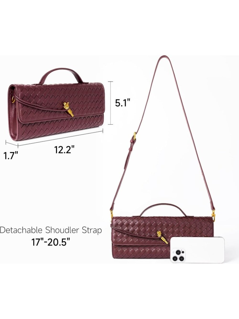 〽️Women's Wine Clutch Purse Woven Vegan Leather Formal Evening Crossbody Bags - Picture 4 of 7